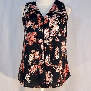 White House Black Market Floral Sleeveless Top Lightweight Black Peach & Tan XS
